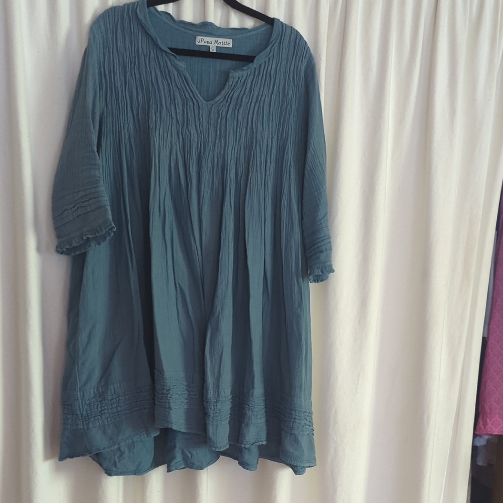 Sundance Catalogue Teal Tunic Dress.  Fully-Lined 100 Percent Cotton. Pockets.